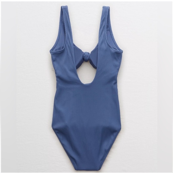 Aerie Mutes Blue Ribbed Knot Front Keyhole Scoop Back One Piece Swimsuit Size S - Picture 2 of 9